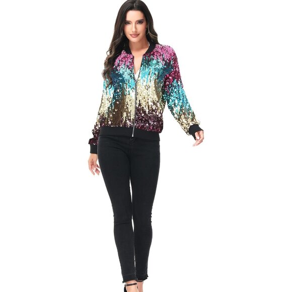 Brand New Women Gradient Color ployester Sequin Zip Bomber Jacket Long Sleeve - Picture 4 of 7